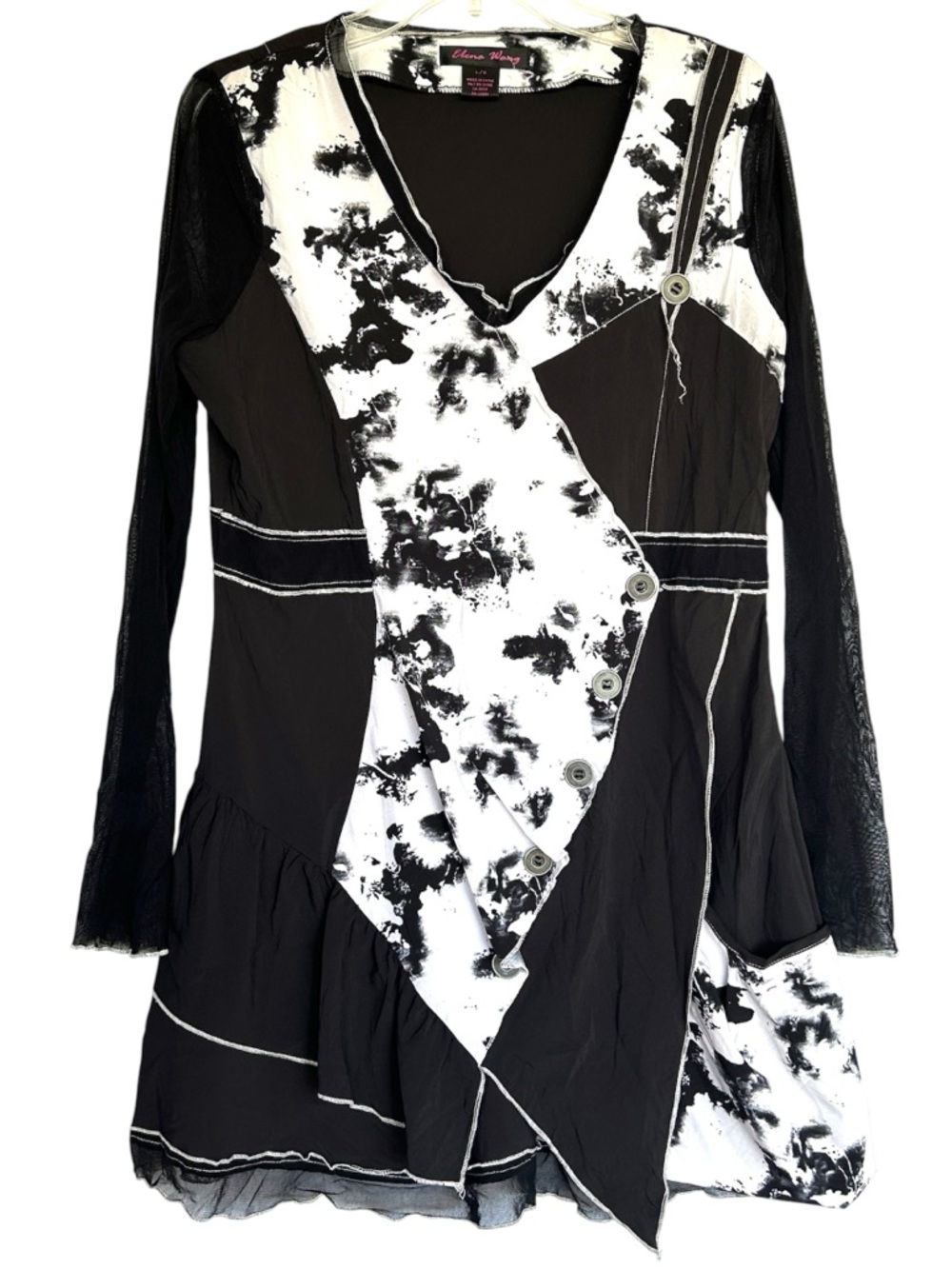 Elena Wang Womans  blouse black white large lagonlook boho casual relaxed tunic